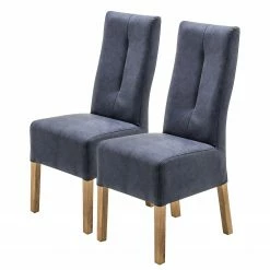 Ars Natura Chaises capitonnées Paki (lot de 2) - Imitation cuir / Chêne massif - Chêne / Bleu nuit