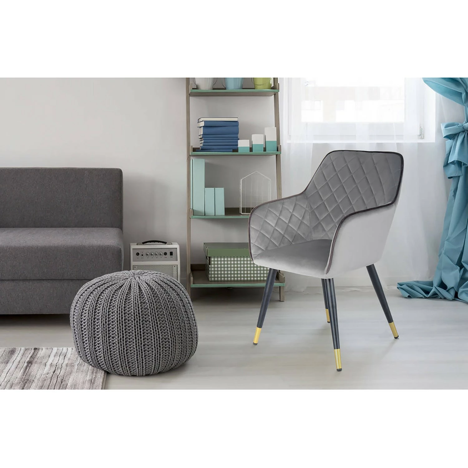 Kayoom Chaise à accoudoirs Amino - Velours / Acier - Gris / Doré 4 Kayoom Chaise à accoudoirs Amino - Velours / Acier - Gris / Doré – Image 2