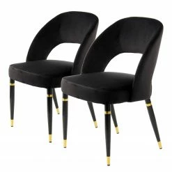Kayoom Chaises capitonnées Courtney (lot de 2) - Velours / Partiellement en eucalyptus massif - Noir / Doré