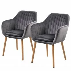 Mørteens Chaises à accoudoirs Tilanda - Tissu / Chêne massif - Velours Kemi: Gris foncé - Lot de 2