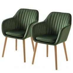 Mørteens Chaises à accoudoirs Tilanda - Tissu / Chêne massif - Velours Kemi: Vert foncé - Lot de 2