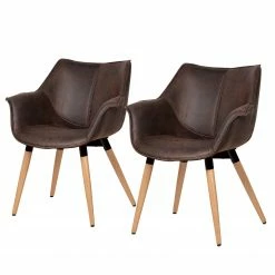 Chaises Soldes 2022 19 Ars manufacti Chaise à accoudoirs Kantii I - Microfibre / Chêne massif - Marron foncé vintage - Lot de 2