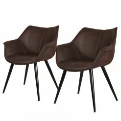 Chaises Soldes 2022 21 Ars manufacti Chaise à accoudoirs Kantii II - Microfibre / Métal - Microfibre Colby: Marron foncé vintage - Lot de 2