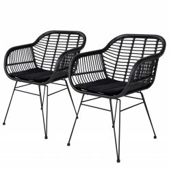 Naturoo Chaises à accoudoirs Corduroy (lot de 2) - (avec coussin d’assise) - Rotin / Métal - Rotin / Noir